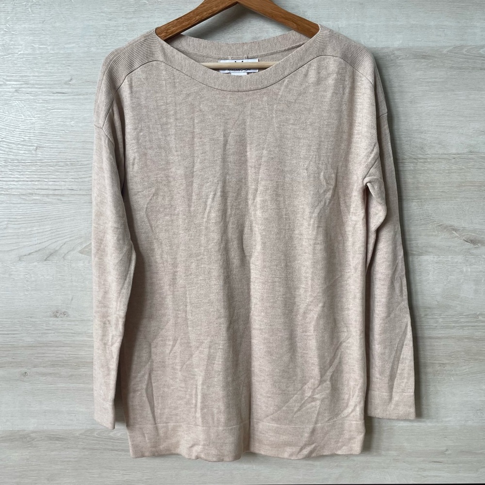 Magaschoni Tan Beige ¾ Sleeve Lightweight Scoop Neck Sweater
